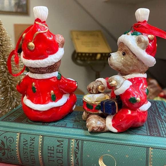 Vintage Teddy Bear Christmas Ornaments Set of 2, Christmas Bears Playing Drums - Picture 7 of 9